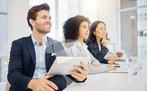 Image of Conference meeting, listening man and row of people and attention to sales opportunity, presentation or project development. Diversity audience, focus panel or executive team happy for seminar event