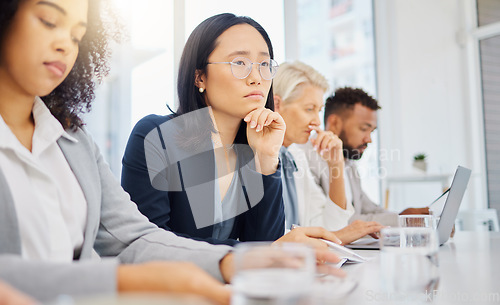 Image of Conference meeting, woman or row of thinking people planning, problem solving or brainstorming solution. Diversity audience, business panel focus or Asian person contemplating ideas, plan or strategy