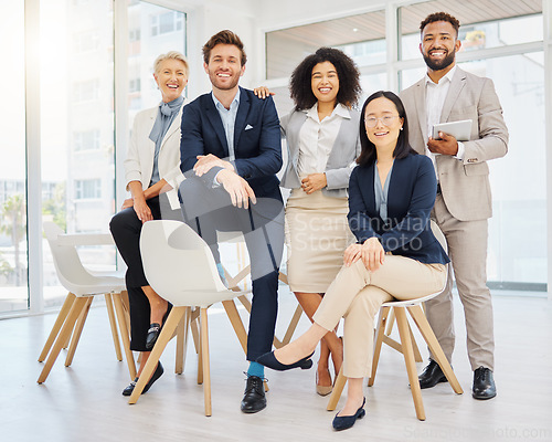 Image of Success, happy and portrait of business people on chair in office with confidence, pride and motivation. Teamwork, diversity and group of men and women smile for goals, company mission and happiness