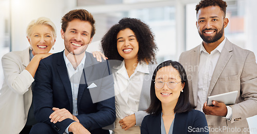 Image of Teamwork, happy and portrait of business people in office with confidence, pride and motivation. Professional, diversity and group of men and women smile for success, company mission and happiness