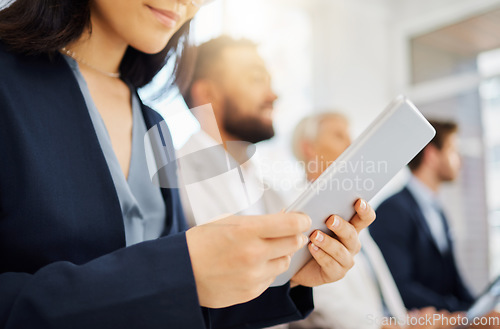 Image of Conference meeting, tablet and hands of woman typing digital notes for business panel, trade show or seminar. Audience row, boardroom person review and reading sales pitch insight, statistics or data