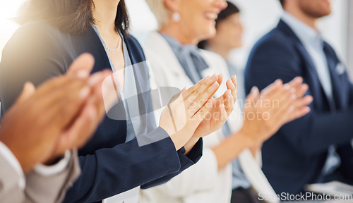 Image of Convention crowd, hands or business people applause for congratulations, project strategy success or workshop. Support, office meeting and seminar audience, team or group clapping for successful plan