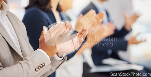 Image of Audience row, hands or office team applause for congratulations, promotion winner or company growth. Trade show, conference meeting and seminar people clapping for convention presentation
