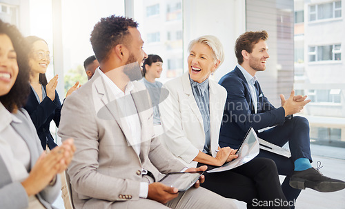 Image of Happy crowd, diversity and business people excited for tradeshow speech, seminar presentation or training workshop. Trade show congratulations, conference meeting and audience clapping for convention