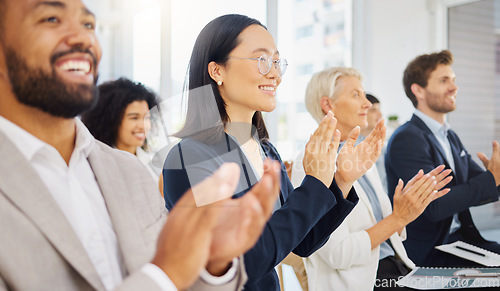 Image of Happy audience, diversity or business people applause for trade show success, convention presentation or seminar achievement. Support, conference meeting and crowd clapping for motivational speech