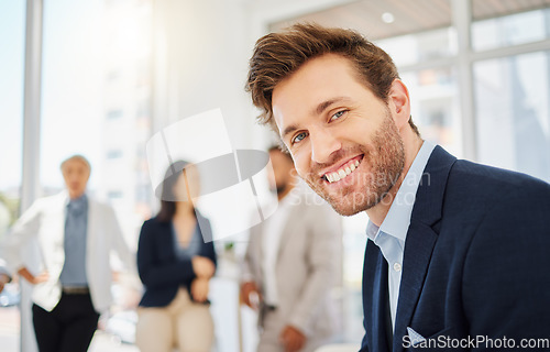 Image of Professional, happy and portrait of business man in office with confidence, pride and happiness. Corporate, leadership and face of male entrepreneur with smile for success, company mission and team