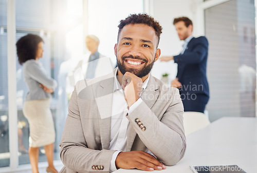 Image of Business, happy and portrait of black man in office with confidence, pride and happiness at desk. Leadership, professional career and male worker with smile for success, company mission and goals
