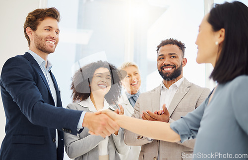 Image of Partnership hand shake, happy or business people applause for acquisition agreement, partner deal or merger success. Thank you handshake, congratulations or diversity group clapping for job promotion