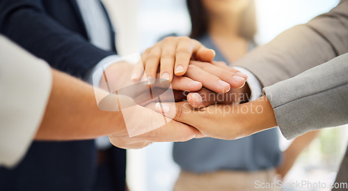 Image of Support, business people collaboration and hands stack together in solidarity, trust and teamwork cooperation. Community, team building mission and professional employee team united for group project