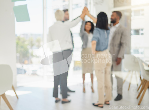 Image of High five, happy group or business people celebrate achievement, office success or project cooperation. Team building, excited or professional group celebration, solidarity and teamwork collaboration