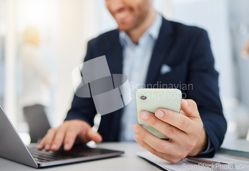 Image of Phone, laptop with hands of man in office for research, planning and networking. Technology, digital and communication with closeup of male employee for contact, online connection and business email