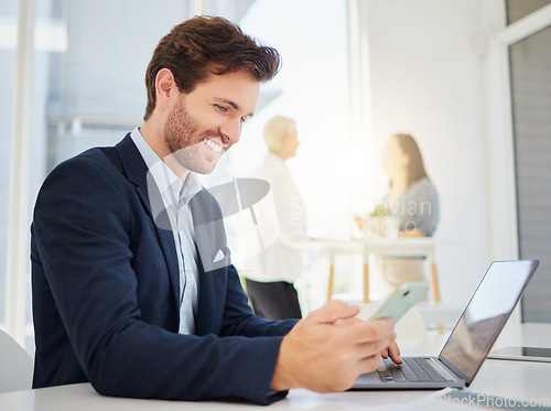 Image of Phone, laptop and business man in office for research, planning and networking. Technology, digital and communication with male employee in corporate company for contact, online connection and email