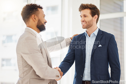 Image of Partnership hand shake, happy man or business people agreement for investment, b2b contract deal or merger success. Thank you, recruitment handshake or person with job interview, hiring HR or welcome