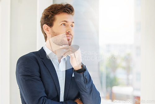Image of Focus, businessman and thinking of a corporate lawyer in a office planning a case strategy. Law firm, management and business man think about a solution for attorney and consultant schedule at work
