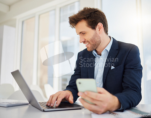 Image of Phone, smile and laptop with business man in office for research, planning and networking. Technology, digital and communication with male employee browsing for contact, online connection and email