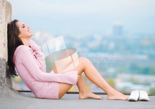 Image of Fashion, happy and woman on rooftop in city with cosmetics, trendy outfit and style outdoors. Beauty mockup, summer and girl model smile in urban town with designer clothes, stylish shoes and makeup