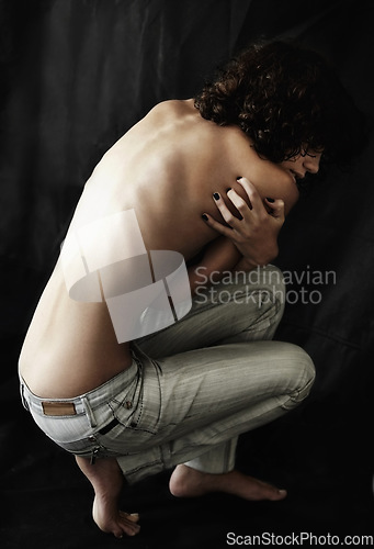 Image of Depression, anorexia and illness with a topless woman in studio on a dark background for health issue awareness. Body, bulimia or eating disorder and a young person suffering with mental health