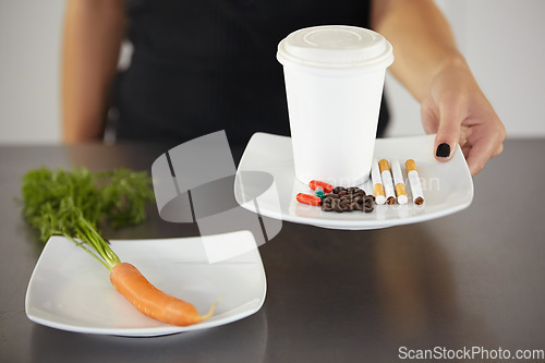 Image of Healthy choice, plate and woman unhealthy nutrition of coffee cup, cigarettes and pills. Anorexia, eating problem and person diet of caffeine, drugs and smoking not fresh or organic carrot decision