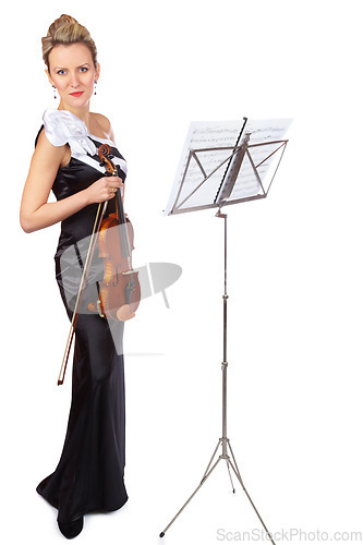 Image of Art, violin and portrait of woman in studio, professional orchestra musician on white background with sheet music. Creativity, classical performance and concert violinist holding instrument in dress.