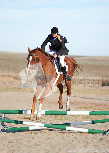 Image of Sport, jump and equestrian with woman on horse for show, competition and performance. Training, derby and health with female jockey on animal in countryside for obstacle, horseback and rider event