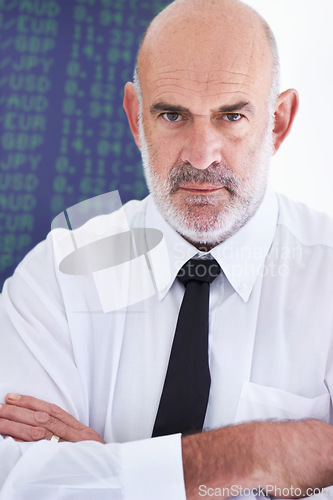 Image of Stock exchange portrait, arms crossed and serious man, senior trader or broker with confidence in financial crypto market. Trading numbers, finance data and male person focus on business investment