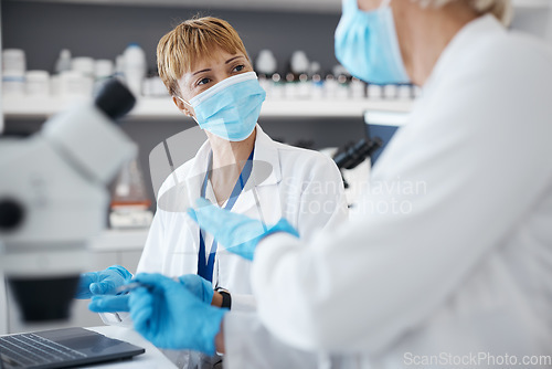 Image of Science, talking and women in laboratory for research, investigation or collaboration. Expert medical team in lab with equipment for innovation, future medicine or biotechnology study with face mask
