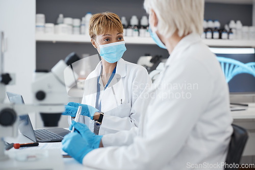 Image of Talking, science woman and in laboratory for research, investigation or collaboration. Expert scientist team in a medical lab with a face mask for innovation, future medicine or biotechnology study