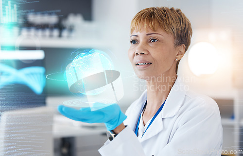 Image of World, hologram and research with woman or medical doctor analyzing digital or futuristic report on human dna strand in science. Innovation, scientist and expert gene structure on genetic engineering