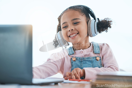 Image of Computer, headphones and child listening in virtual class for e learning, language translation or knowledge at home. Happy kid on audio technology, laptop and online education for English development