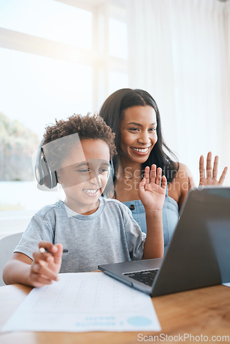 Image of Laptop, video call and mother with child learning, online education and school help or support in virtual class. African family and child wave hello on computer, happy for writing or teaching at home