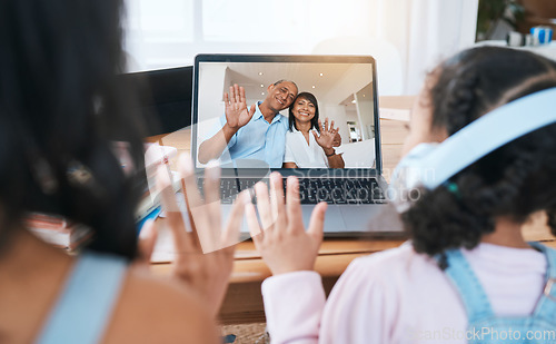 Image of Laptop screen, video call and family with virtual communication, happy grandparents and online network. Happy biracial people and child wave hello on computer for online conversation and connection