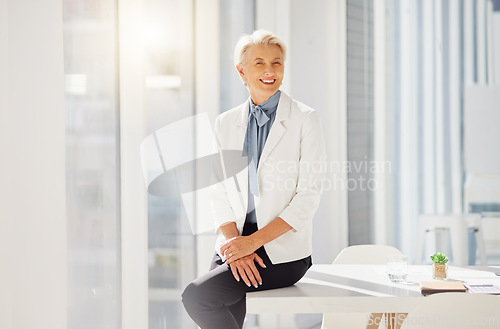 Image of Elderly business woman, portrait and smile for career vocation, management position or corporate work. Sitting, confident pride and relax female person, leader or boss happy for company success