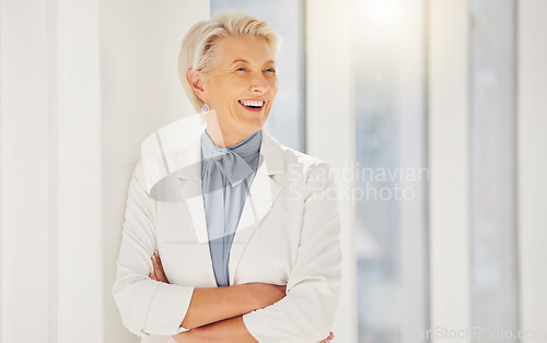 Image of Senior business woman, arms crossed and happy for career, management job or corporate work. Confidence, pride and female person, CEO or boss smile for company growth, entrepreneurship or success