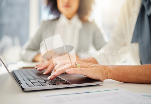 Image of Laptop, closeup and hands of business woman in office for research, planning and email. Website, online and technology with female employee typing corporate report for idea, internet and digital