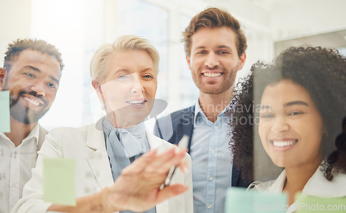 Image of Happy business people, meeting and planning for brainstorming, ideas or strategy on vision board at office. Employees with smile in team collaboration for schedule project plan, tasks or sticky note