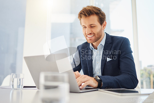 Image of Happy, laptop reading and business man working in a office with website data and email planning. Entrepreneur, management worker and online database analyst typing on a computer for a web update