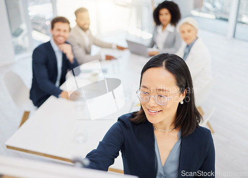 Image of Office meeting, presentation report and happy woman writing business strategy, client investment plan or brand ideas. Presenter, listening team and Japanese person, manager or coach teaching group