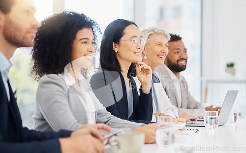 Image of Conference, panel and happy business people listening to presentation speech, proposal plan or corporate strategy. Meeting, seminar event and diversity team, group or audience listen to idea pitch