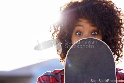 Image of Surprise, cover and portrait of woman with skateboard for fitness, urban and hiding in outdoors. Training, skating and youth with female skater for hipster, relax and skateboarder in city park mockup