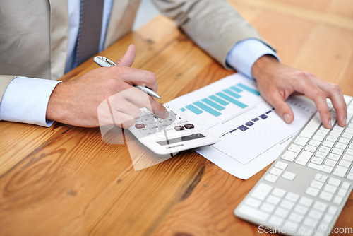 Image of Hands, closeup and man with calculator, charts and keyboard with planning, budget and documents. Male person, accountant and employee with paperwork, economy and inflation with investment and taxes