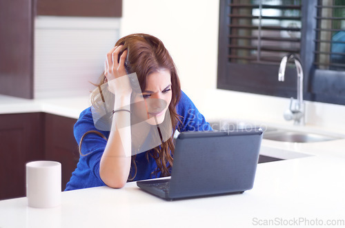Image of Business, home and woman with stress, laptop and mistake with headache, error and a glitch. Female person, employee and entrepreneur with technology, connection problem and burnout in the kitchen