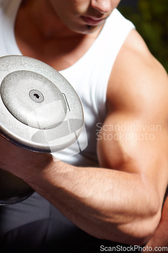 Image of Arm muscle, dumbbell or fitness man, bodybuilder or health lifestyle person focus on weightlifting, bicep challenge or power. Motivation, determination or muscular body builder doing dumbell curling