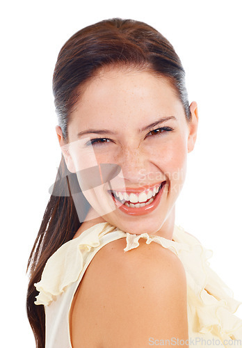 Image of Beauty, portrait and happy woman laughing at funny joke, studio comedy and smile for face makeup, cosmetics or skincare. Happiness, comic humor and female person laugh isolated on white background