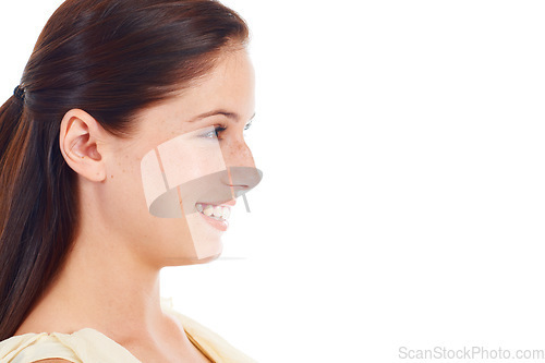 Image of Face profile, smile and happy woman with mockup copy space, brand logo satisfaction or discount sales announcement. Studio commercial, happiness and female model smile on mock up white background