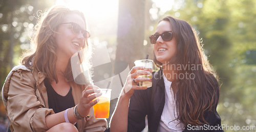 Image of Relax, women and friends with drinks, outdoor and happiness for bonding, quality time and cheers. Female people, girls and ladies drinking, outside and celebration with joy, cheerful and social event