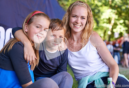 Image of Happy, festival and camping with portrait of family for music, techno and concert performance, Smile, celebration and bonding with woman and children in nature for summer, carnival and event