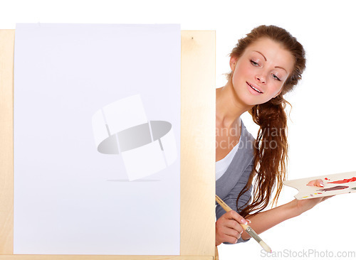Image of Woman, painting and art canvas in studio for creativity and talent with paint and a brush for color. female artist or painter person isolated on a white background for creative work and mockup space