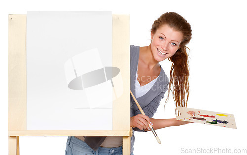 Image of Art, painter portrait and woman with canvas in studio with creativity, talent and paint brush for color. Happy female artist isolated on a white background for creative painting and mockup space