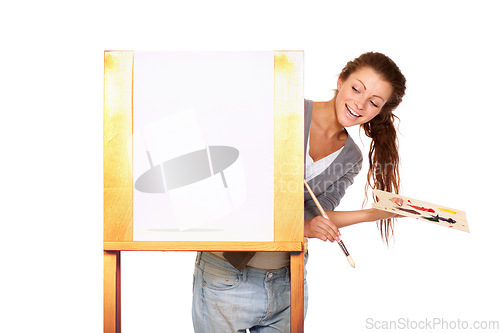 Image of Canvas, woman painter and art in studio for creativity and talent with paint and a brush for color. Happy female artist isolated on a white background for creative painting, project and mockup space