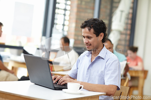 Image of Student man, laptop and coffee shop with smile, typing or search on internet for job opportunity. Young guy, computer and cafe for reading, happy and social network for news, research or video on web